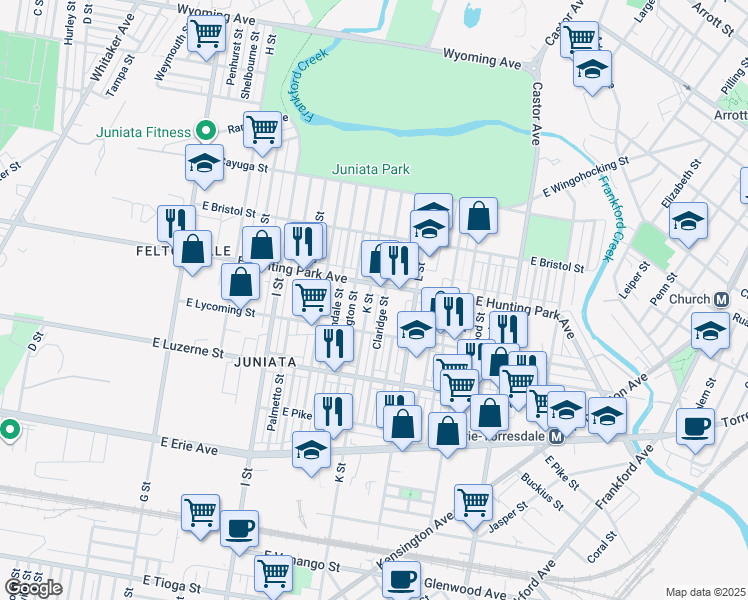 map of restaurants, bars, coffee shops, grocery stores, and more near 4143 K Street in Philadelphia
