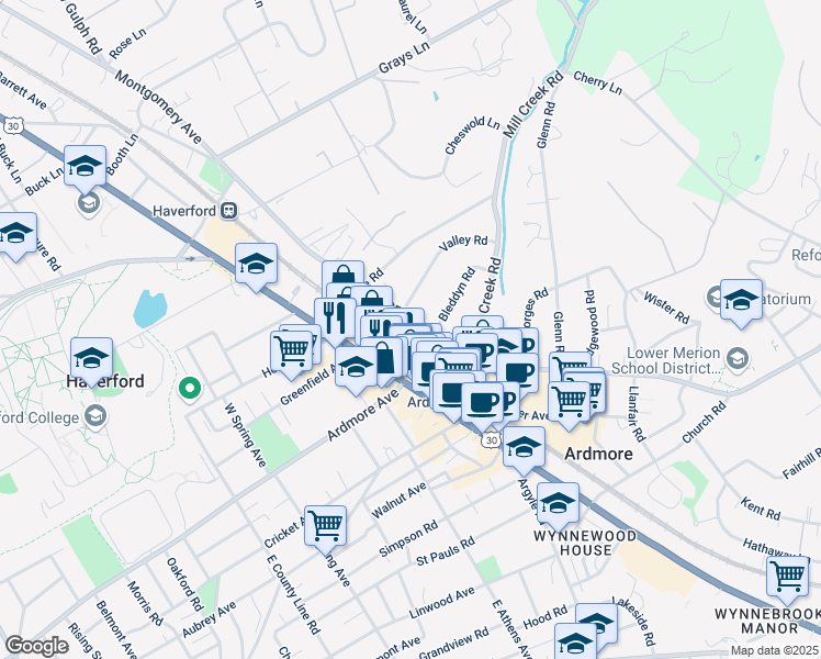 map of restaurants, bars, coffee shops, grocery stores, and more near 101 Valley Road in Ardmore
