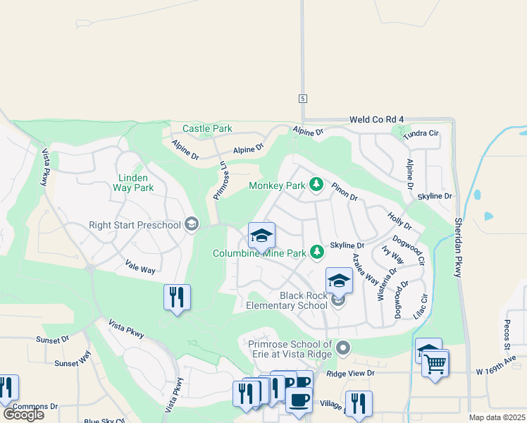 map of restaurants, bars, coffee shops, grocery stores, and more near 2003 Lodge Pole Drive in Erie