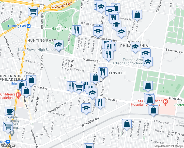 map of restaurants, bars, coffee shops, grocery stores, and more near 3854 North 6th Street in Philadelphia