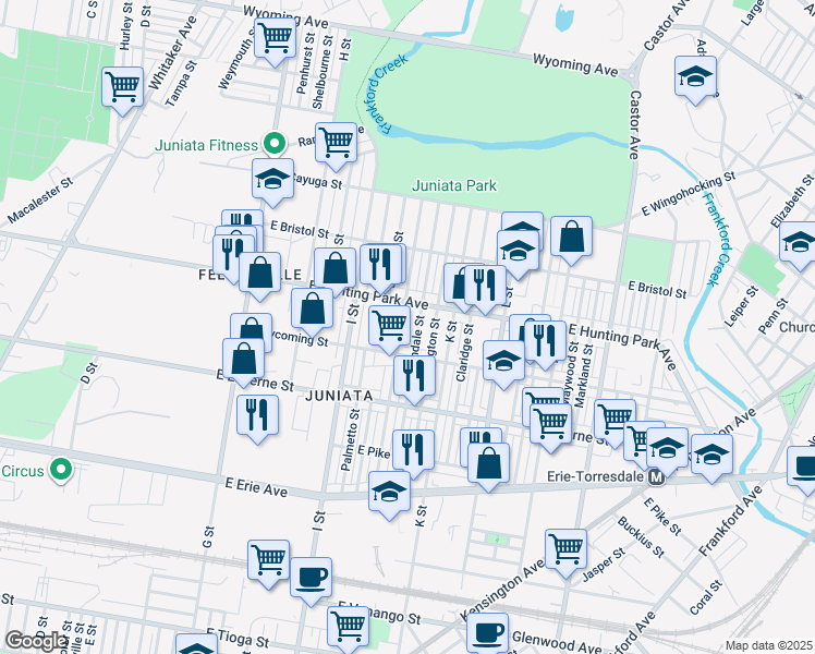 map of restaurants, bars, coffee shops, grocery stores, and more near 4129 J Street in Philadelphia