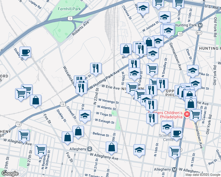 map of restaurants, bars, coffee shops, grocery stores, and more near 3663 North 21st Street in Philadelphia