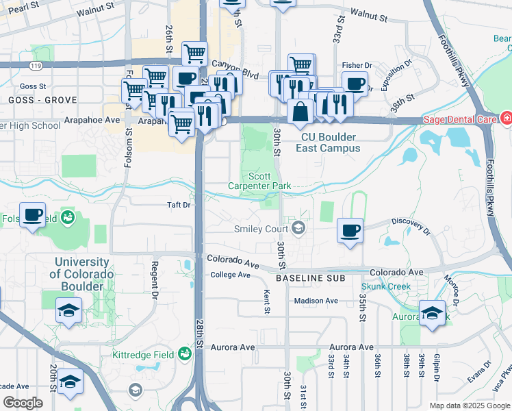map of restaurants, bars, coffee shops, grocery stores, and more near 2959 Shadow Creek Drive in Boulder