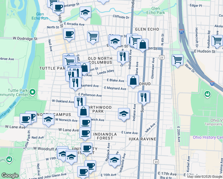 map of restaurants, bars, coffee shops, grocery stores, and more near 174 East Maynard Avenue in Columbus