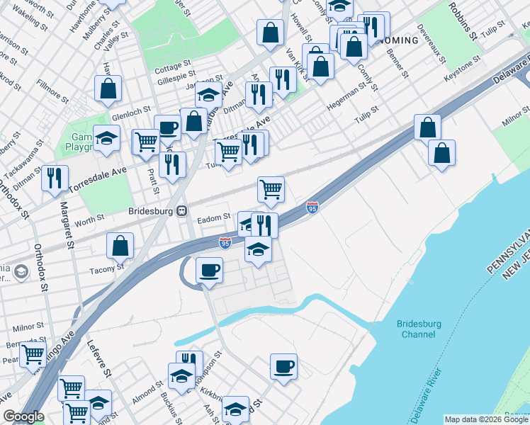 map of restaurants, bars, coffee shops, grocery stores, and more near 2230 Fraley Street in Philadelphia