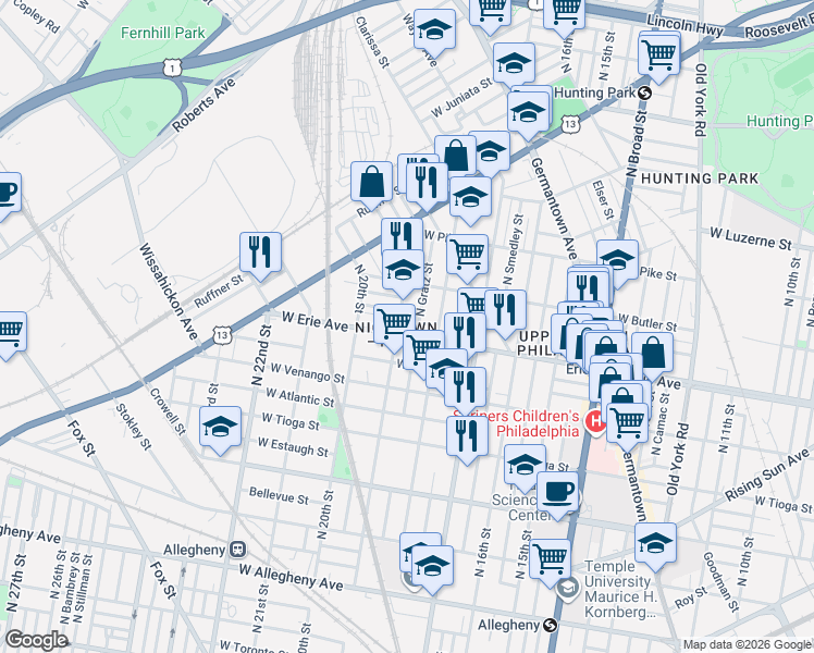 map of restaurants, bars, coffee shops, grocery stores, and more near 3727 North 19th Street in Philadelphia