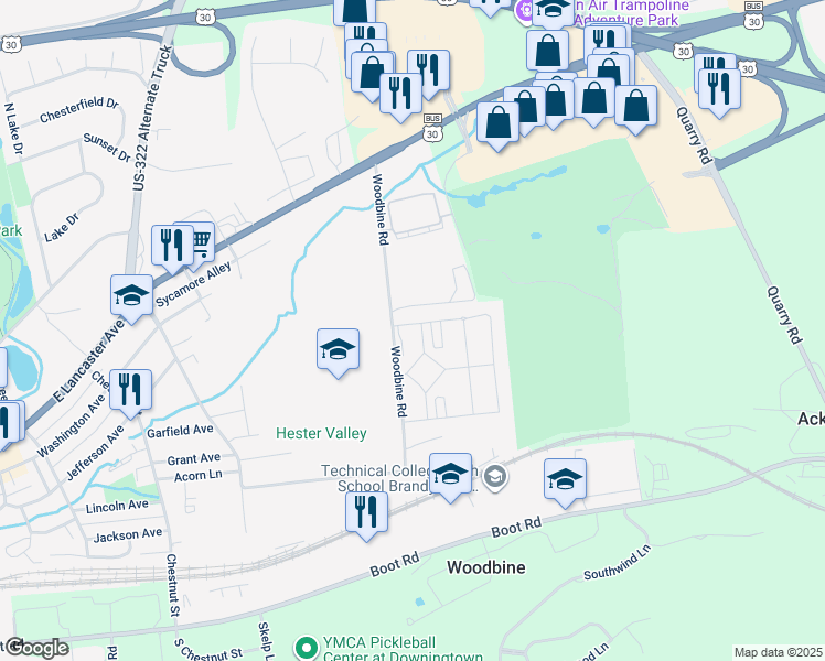 map of restaurants, bars, coffee shops, grocery stores, and more near 108 Bowery Lane in Downingtown