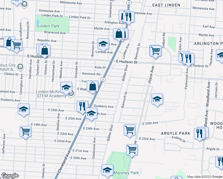 map of restaurants, bars, coffee shops, grocery stores, and more near 1547 Cordell Avenue in Columbus