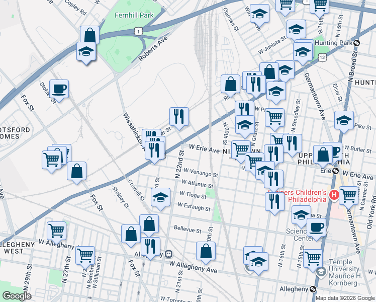 map of restaurants, bars, coffee shops, grocery stores, and more near 2129 West Erie Avenue in Philadelphia