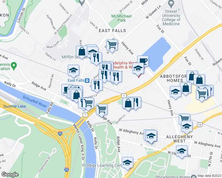 map of restaurants, bars, coffee shops, grocery stores, and more near Cresson St & Indian Queen Ln in Philadelphia
