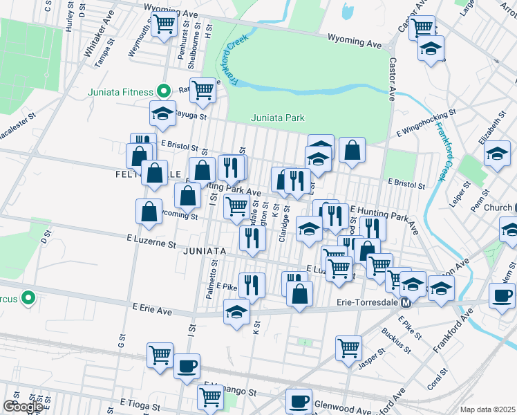map of restaurants, bars, coffee shops, grocery stores, and more near 4133 Lawndale Street in Philadelphia