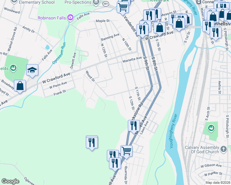 map of restaurants, bars, coffee shops, grocery stores, and more near 1606 West Green Street in Connellsville