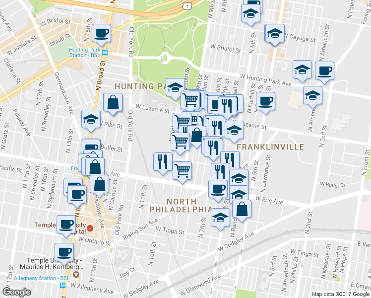 map of restaurants, bars, coffee shops, grocery stores, and more near 3830 North 9th Street in Philadelphia