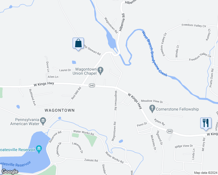 map of restaurants, bars, coffee shops, grocery stores, and more near 452 West Kings Highway in Coatesville