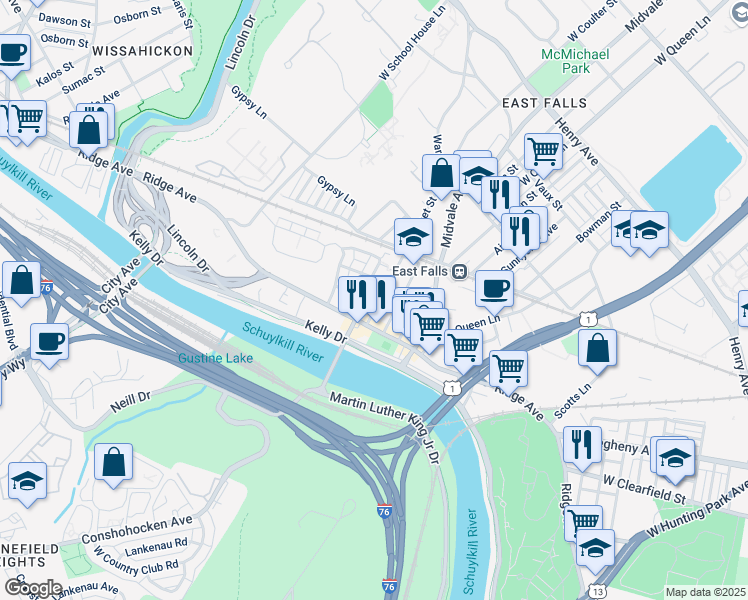map of restaurants, bars, coffee shops, grocery stores, and more near 3678 Calumet Street in Philadelphia