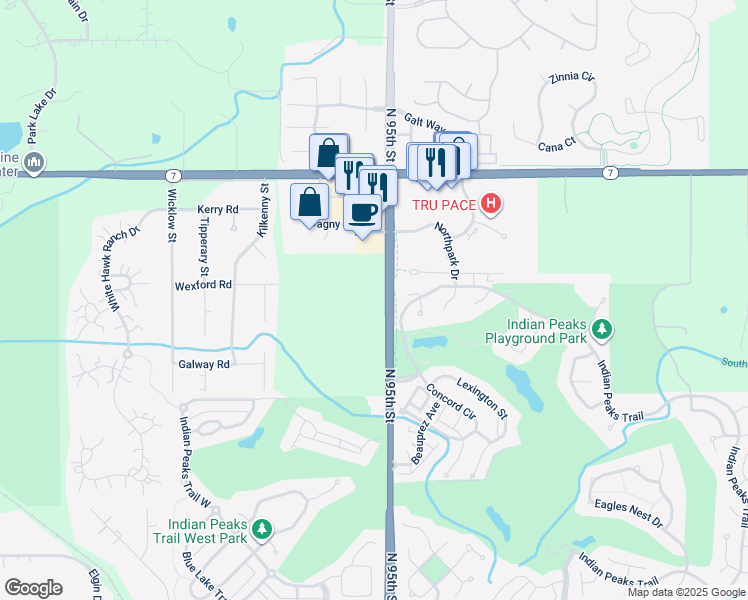 map of restaurants, bars, coffee shops, grocery stores, and more near 1341 North 95th Street in Lafayette