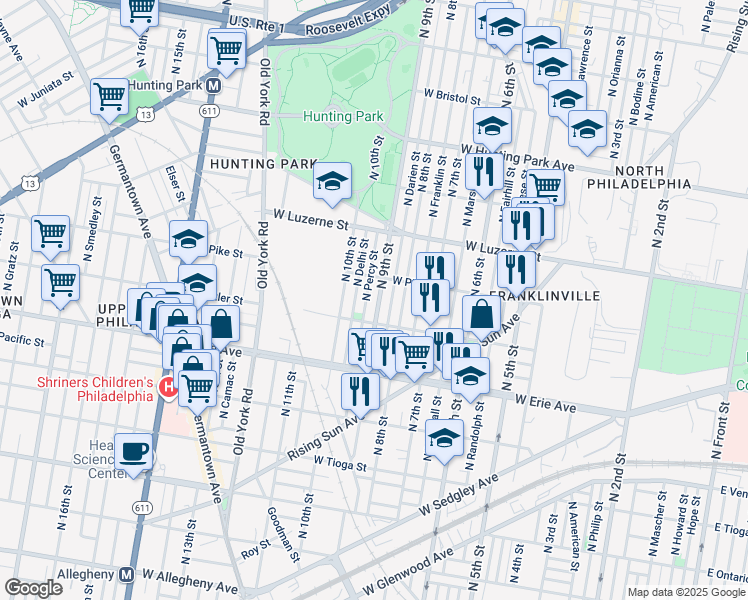 map of restaurants, bars, coffee shops, grocery stores, and more near 3830 North 9th Street in Philadelphia