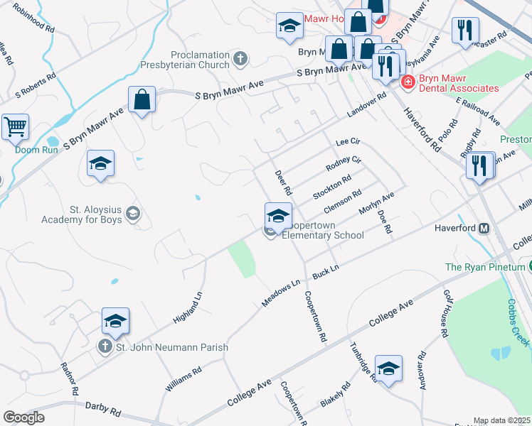 map of restaurants, bars, coffee shops, grocery stores, and more near 300 Highland Lane in Bryn Mawr