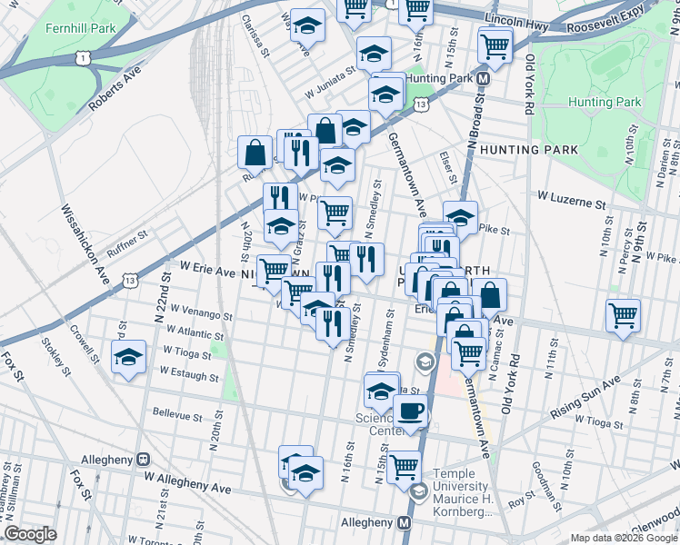 map of restaurants, bars, coffee shops, grocery stores, and more near 3744 North 17th Street in Philadelphia