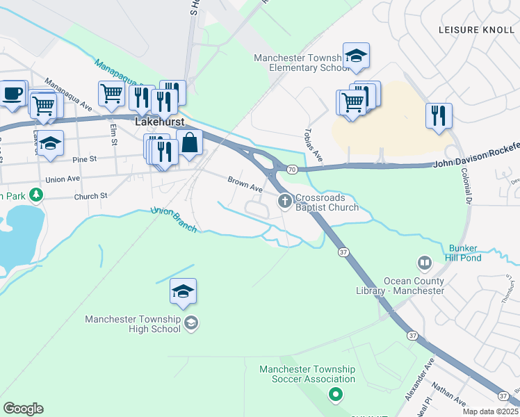 map of restaurants, bars, coffee shops, grocery stores, and more near 111 Brown Ave in Lakehurst