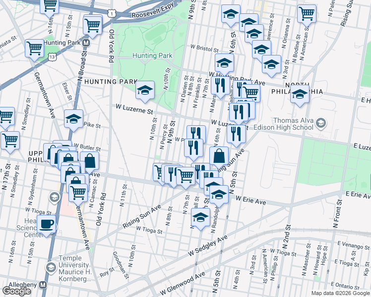 map of restaurants, bars, coffee shops, grocery stores, and more near 3863 North 8th Street in Philadelphia
