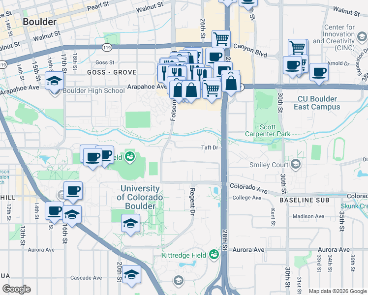 map of restaurants, bars, coffee shops, grocery stores, and more near 1400 Folsom Street in Boulder