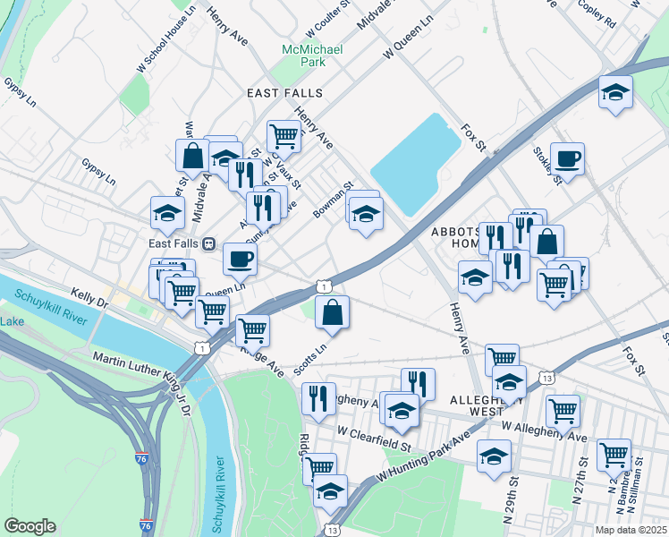 map of restaurants, bars, coffee shops, grocery stores, and more near 3230 Scotts Lane in Philadelphia
