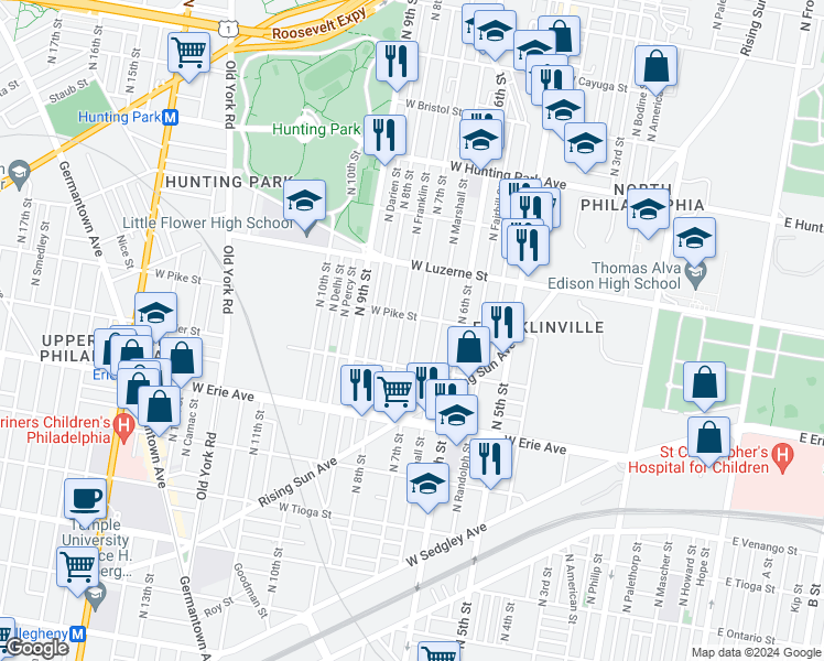 map of restaurants, bars, coffee shops, grocery stores, and more near 3848 North 7th Street in Philadelphia
