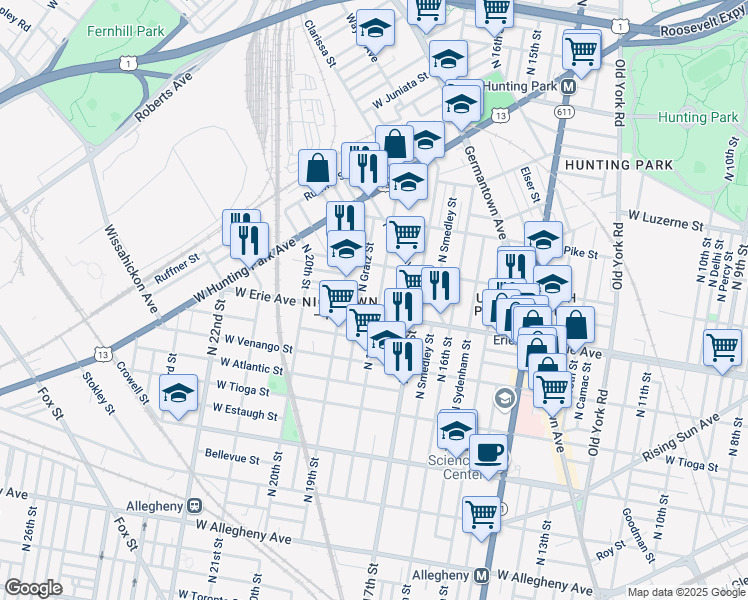 map of restaurants, bars, coffee shops, grocery stores, and more near 3714 North 18th Street in Philadelphia