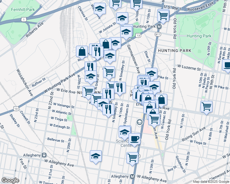 map of restaurants, bars, coffee shops, grocery stores, and more near 3726 Pulaski Avenue in Philadelphia