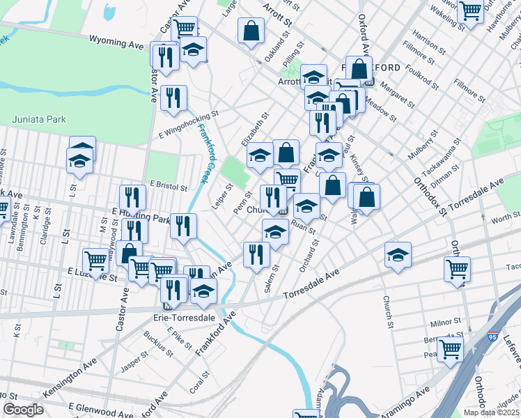 map of restaurants, bars, coffee shops, grocery stores, and more near 1542 Ruan Street in Philadelphia
