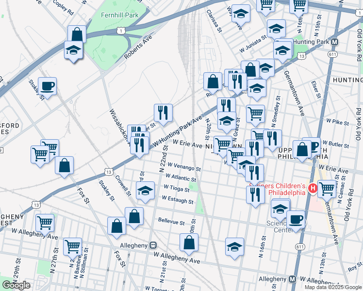 map of restaurants, bars, coffee shops, grocery stores, and more near 3662 North 21st Street in Philadelphia
