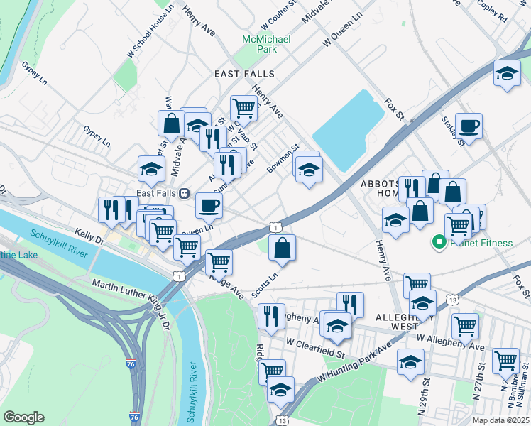 map of restaurants, bars, coffee shops, grocery stores, and more near 3443 Crawford Street in Philadelphia