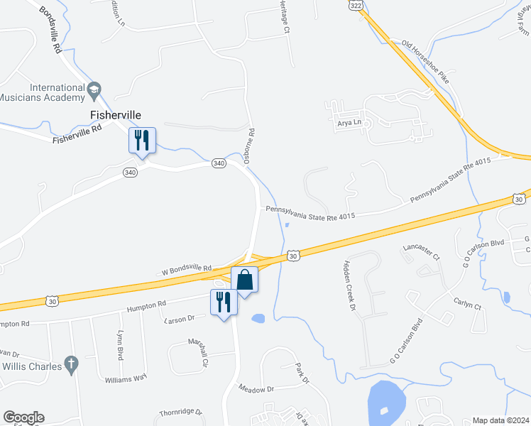 map of restaurants, bars, coffee shops, grocery stores, and more near 851 Bondsville Road in Downingtown