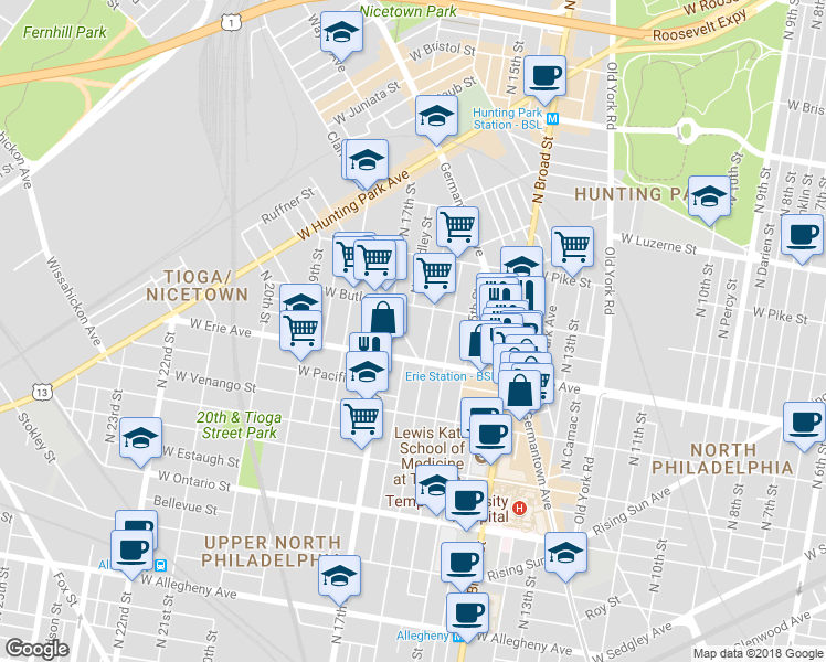 map of restaurants, bars, coffee shops, grocery stores, and more near 3723 Pulaski Avenue in Philadelphia
