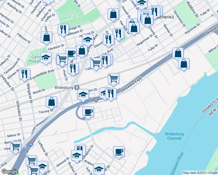 map of restaurants, bars, coffee shops, grocery stores, and more near 2237 Simon Street in Philadelphia