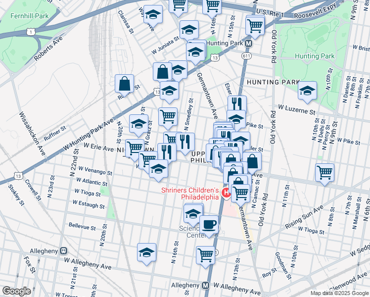 map of restaurants, bars, coffee shops, grocery stores, and more near 3723 Pulaski Avenue in Philadelphia