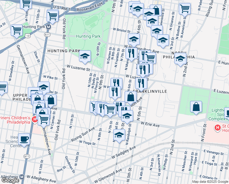 map of restaurants, bars, coffee shops, grocery stores, and more near 3848 North 7th Street in Philadelphia