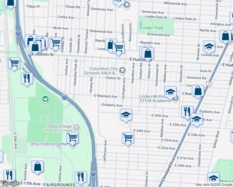 map of restaurants, bars, coffee shops, grocery stores, and more near 2230 Mcguffey Road in Columbus