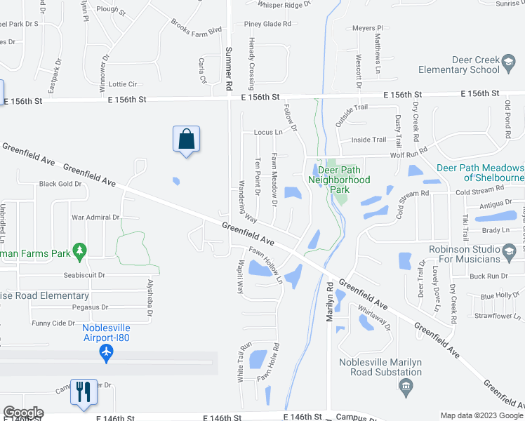 map of restaurants, bars, coffee shops, grocery stores, and more near 15270 Ten Point Drive in Noblesville