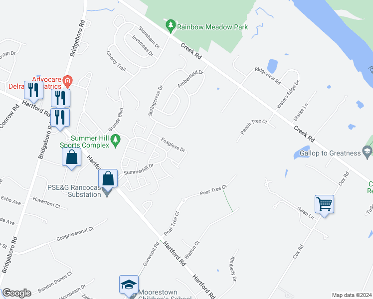 map of restaurants, bars, coffee shops, grocery stores, and more near 131 Foxglove Drive in Delran