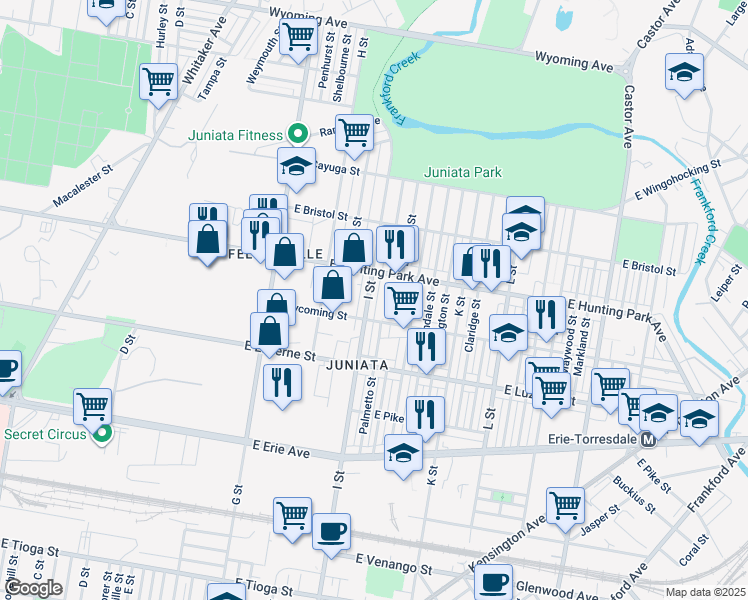 map of restaurants, bars, coffee shops, grocery stores, and more near 4123 I Street in Philadelphia