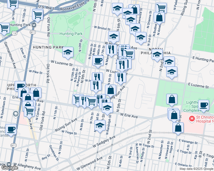 map of restaurants, bars, coffee shops, grocery stores, and more near 3901 North 6th Street in Philadelphia