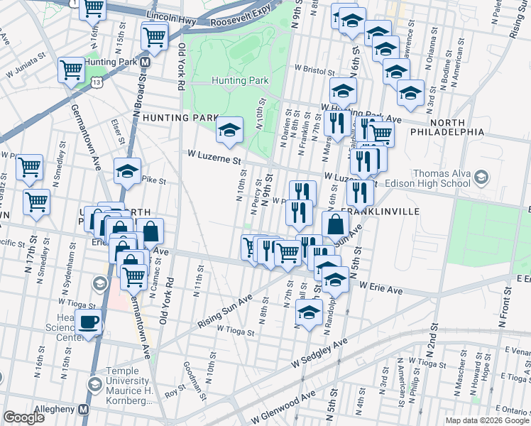 map of restaurants, bars, coffee shops, grocery stores, and more near 3851 North Percy Street in Philadelphia