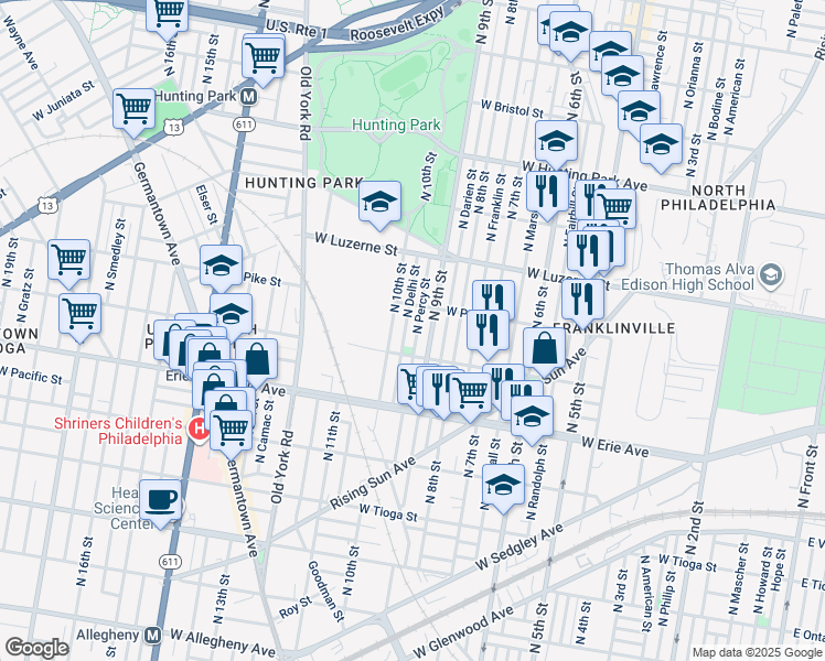 map of restaurants, bars, coffee shops, grocery stores, and more near 3851 North Percy Street in Philadelphia