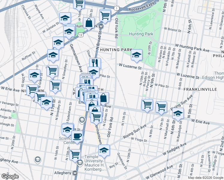map of restaurants, bars, coffee shops, grocery stores, and more near 3815 North 13th Street in Philadelphia