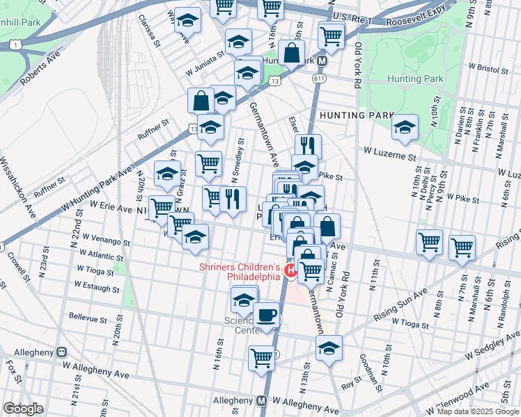 map of restaurants, bars, coffee shops, grocery stores, and more near 3759 North Sydenham Street in Philadelphia