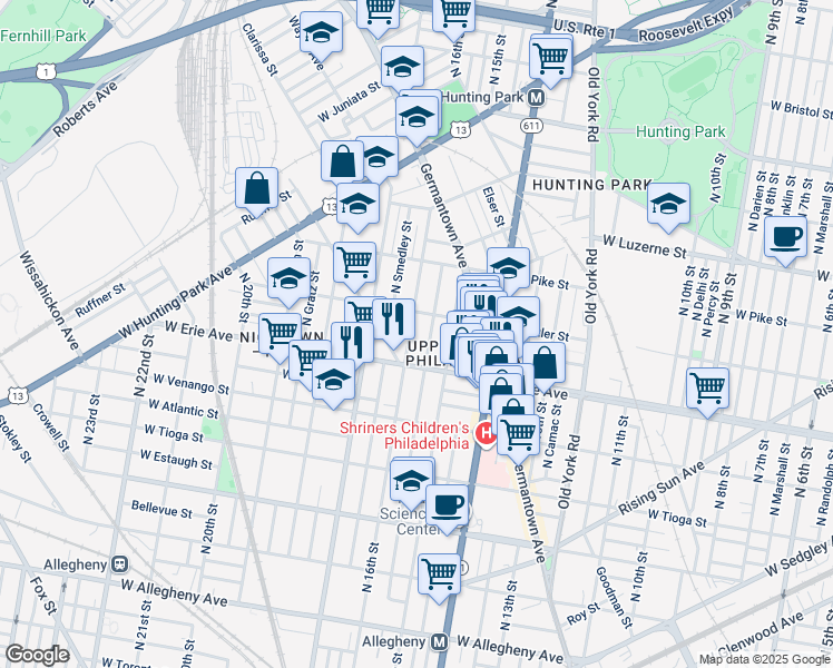 map of restaurants, bars, coffee shops, grocery stores, and more near 3733 North 16th Street in Philadelphia
