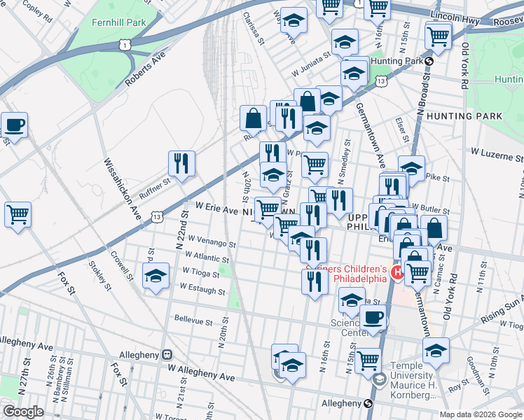 map of restaurants, bars, coffee shops, grocery stores, and more near 3727 North 19th Street in Philadelphia