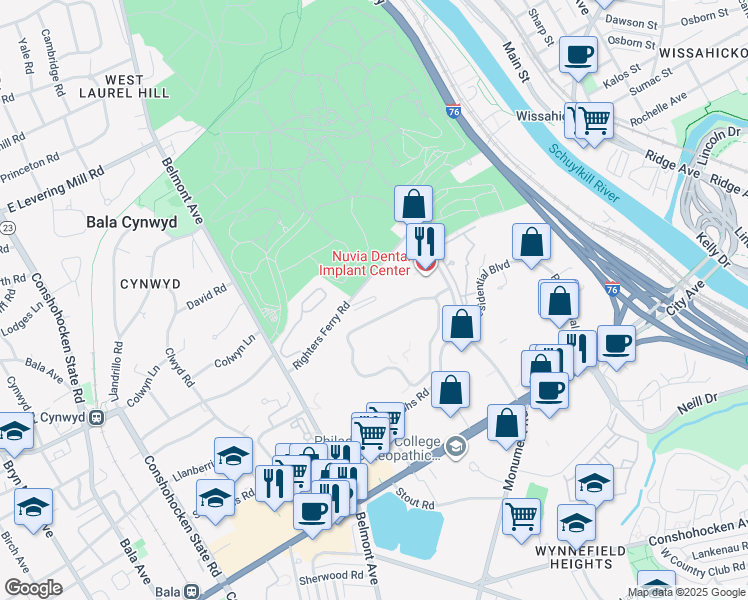 map of restaurants, bars, coffee shops, grocery stores, and more near 335 Righters Ferry Road in Bala Cynwyd